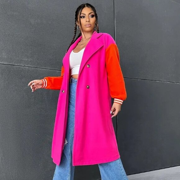 Callie Lives Jackets & Blazers - Callie Lives Oversized Varsity 2Face Pink & Orange Trench Coat Plus Size 0X